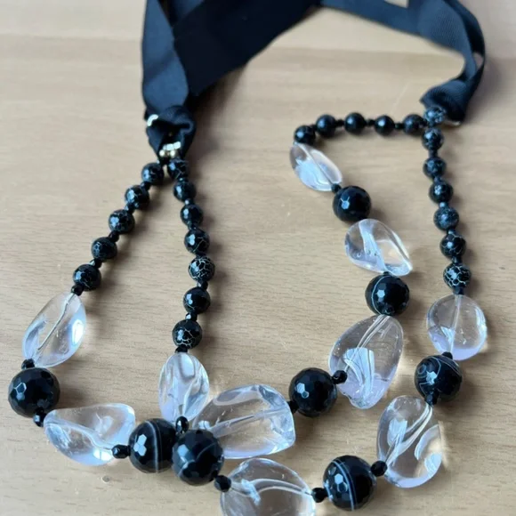 HUGE VINTAGE ROCK CRYSTAL & BANDED AGATE FACETED BEADS LONG CUSTOM MADE NECKLACE